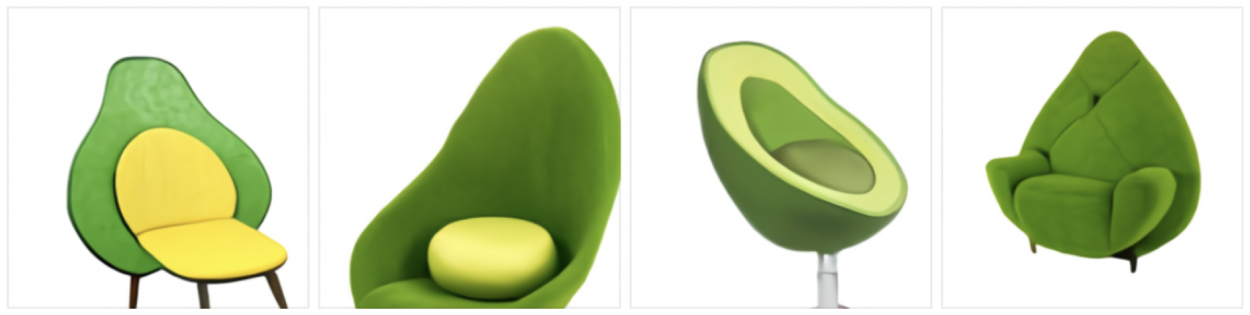 Four alternatives of armchairs in avocado shape generated with DALL·E.