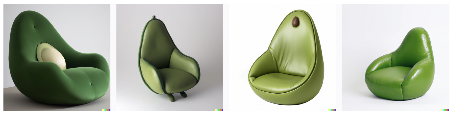 Four alternatives of armchairs in avocado shape generated with DALL·E 2 beta.