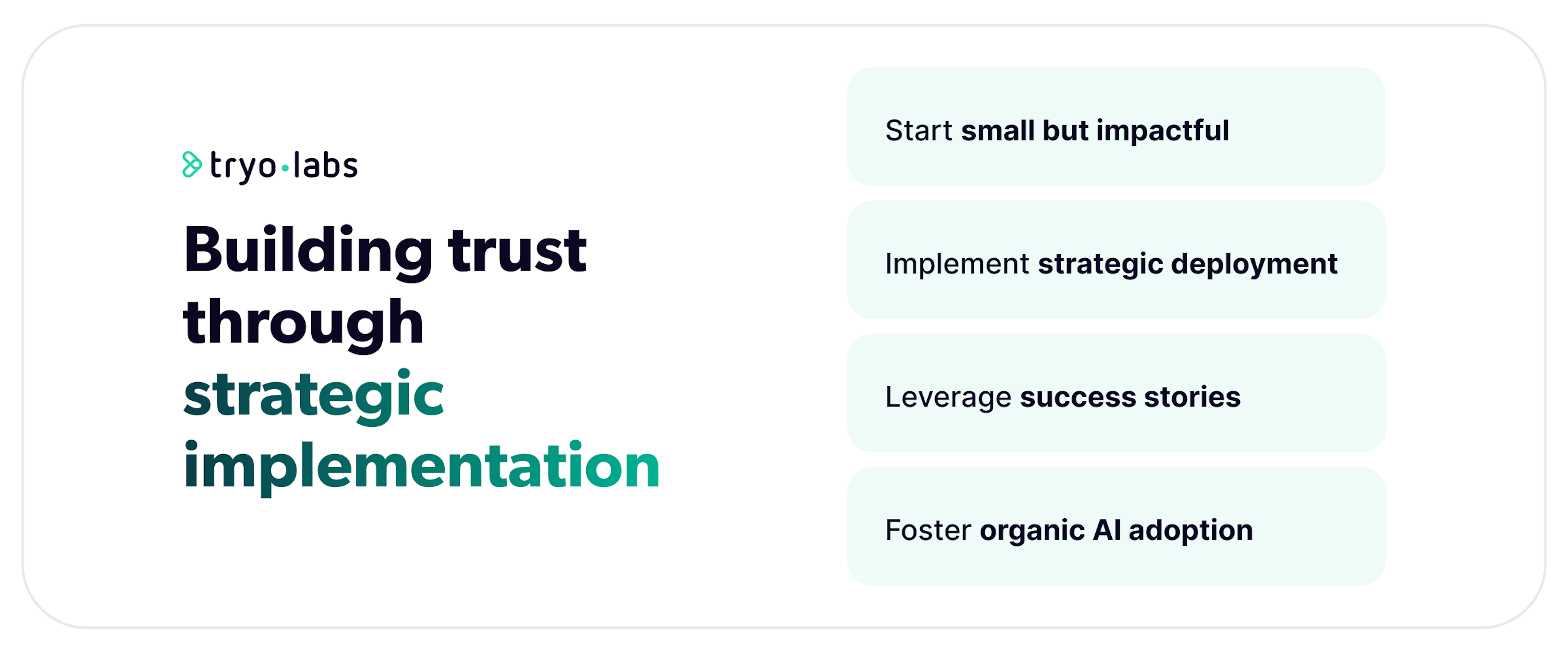 Key insights: Start small but impactful, Implement strategic deployment, Leverage success stories, Foster organic AI adoption