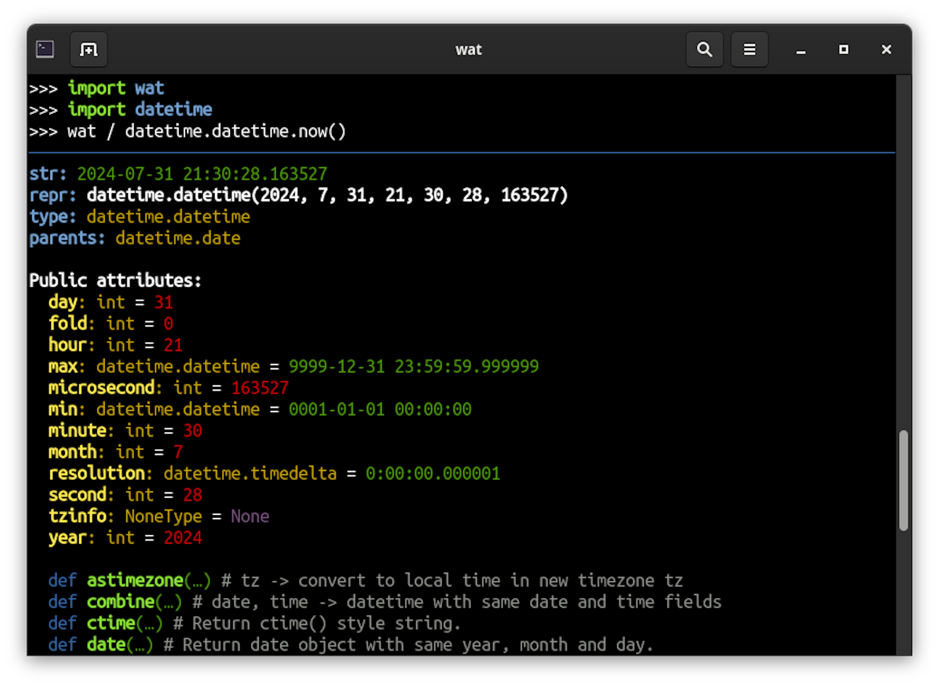 Python terminal showing datetime module output with timestamp, attributes, and methods