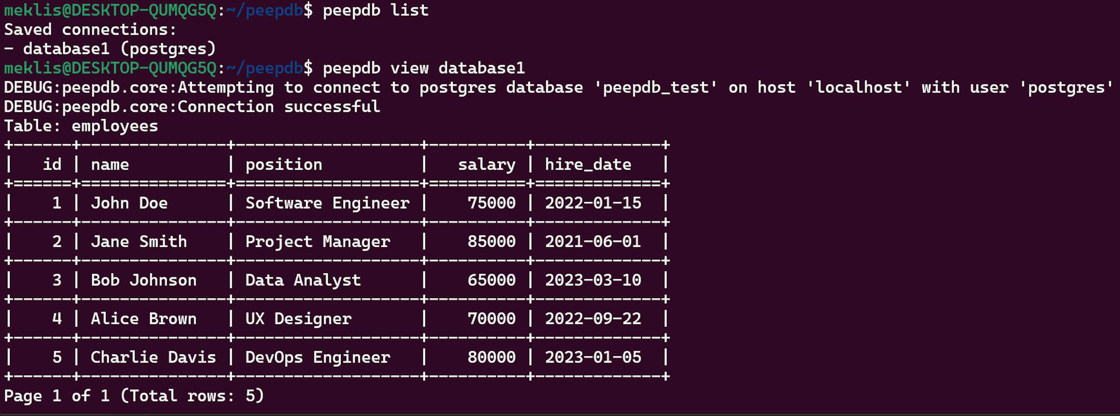 Terminal showing PostgreSQL database table with employee records viewed through peepdb